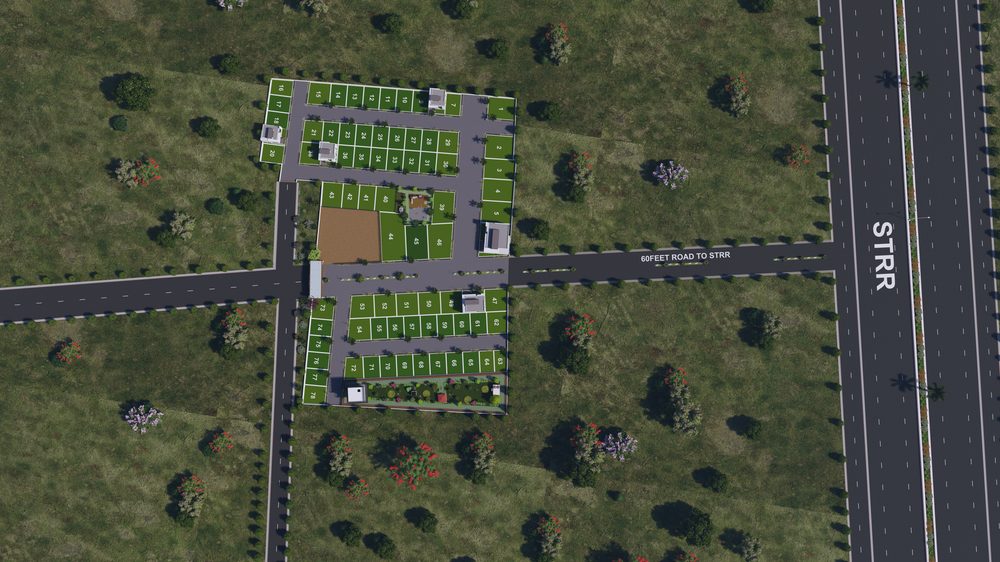 Wide concrete internal roads with demarcated plots